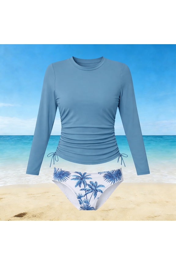 Girls Two Piece Long Sleeve Rash Guard Swimsuit Adjustable Drawstring Tropical Palm Print Bottoms UPF Sun Protection Beach Swimwear For Kids,Blue,10