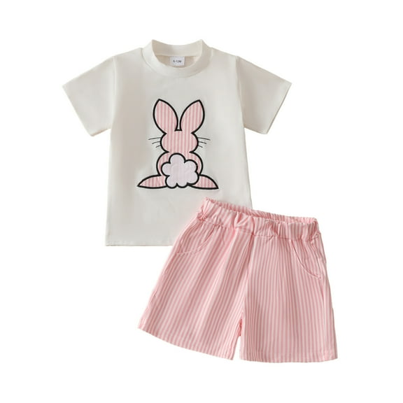 Girls Two Piece Lounge Set Toddler Baby Summer Clothes Short Sleeve Cute T-Shirts Strip Shorts Set Casual Outfits Pink, 2T