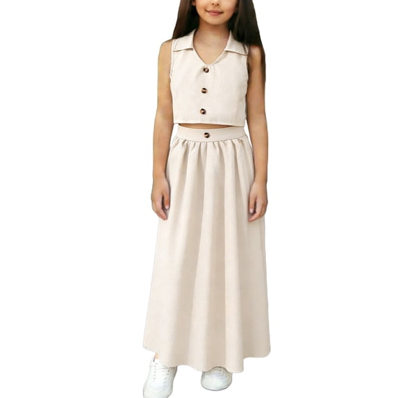 Girls Two Piece Outfit Crop Top High Waisted Midi Skirt Set with Buttons Collared Sleeveless Beige Sizes 7-12,Size 7-8T