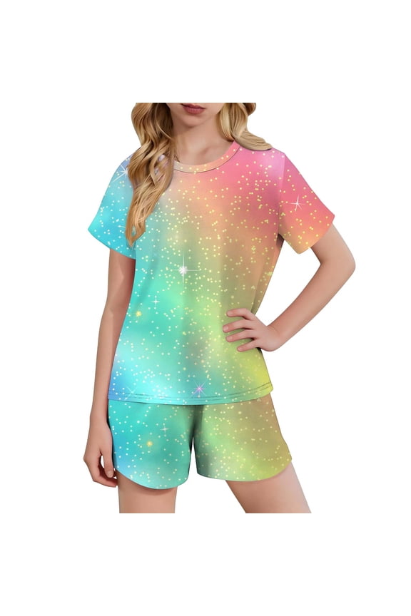 Girls Two Piece Outfit Rainbow Ombre Shorts Set Short Sleeve Top with Elastic Waistband Shorts for Summer Casual Vacation Girls Clothes Multicolor,Size 3 T