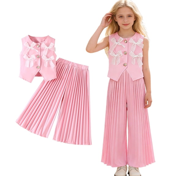 Girls Two Piece Outfits Bow Sleeveless Vest and Wide Leg Pants Set Girls Spring Clothes Kids Clothes Girls Size 7-8 Years
