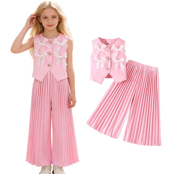 Girls Two Piece Outfits Bow Sleeveless Vest and Wide Leg Pants Set Summer Outfits Girls 4-5 Years Clothes Trendy