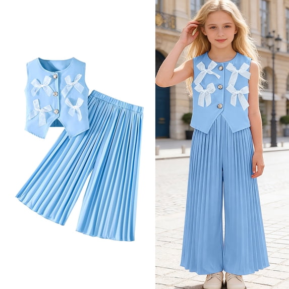 Girls Two Piece Outfits Bow Sleeveless Vest and Wide Leg Pants Sets Summer Clothes Girls Outfit 4-5 Years
