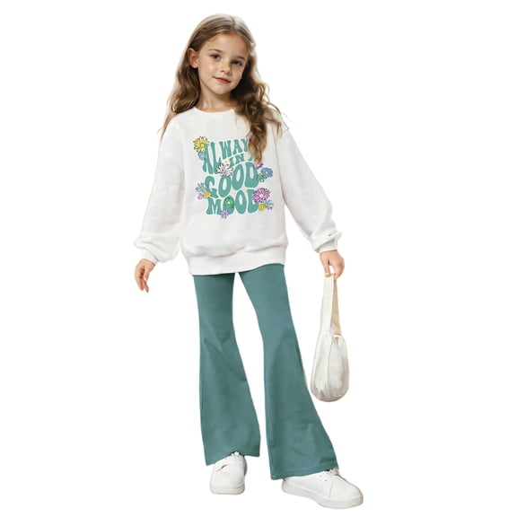 Girls Two Piece Outfits Long Sleeve Letter Print Sweatshirt and Flared Pants Sets Girl Spring Clothes Cute Girls Clothes 7-8 Years