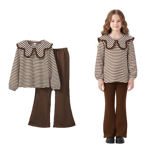 Girls Two Piece Outfits Long Sleeve Stripe Sweatshirt and Flared Pants Set Girls Spring Clothes Preppy Clothes for Teens 7-8 Years