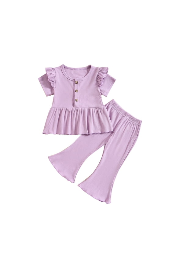 Girls Two Piece Outfits Sets 1-5 Years Toddlers Kids Cute Solid Color Ruffle Short Sleeve Tops and Flared Pants Going-Out Suits Set