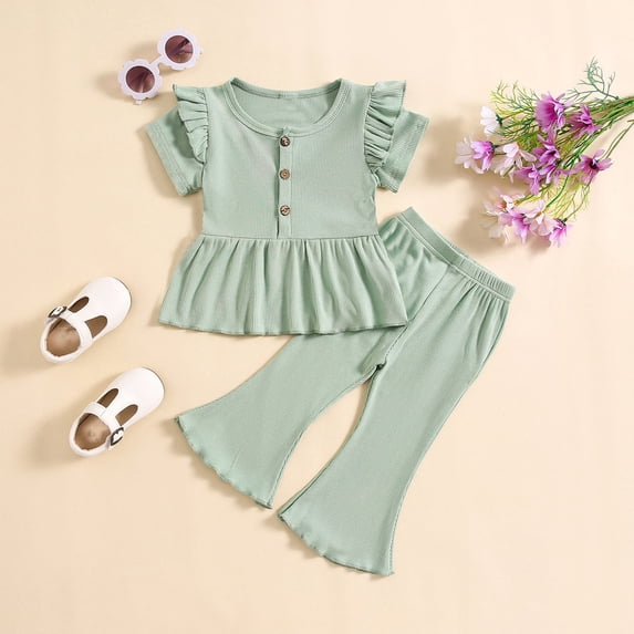 Girls Two Piece Outfits Sets 1-5 Years Toddlers Kids Cute Solid Color Ruffle Short Sleeve Tops and Flared Pants Going-Out Suits Set