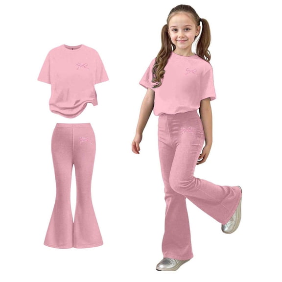 Girls Two Piece Outfits Short Sleeve Bow T-Shirt Top and Flared Pants Set Summer Clothes Cute Outfits 7-8 Years