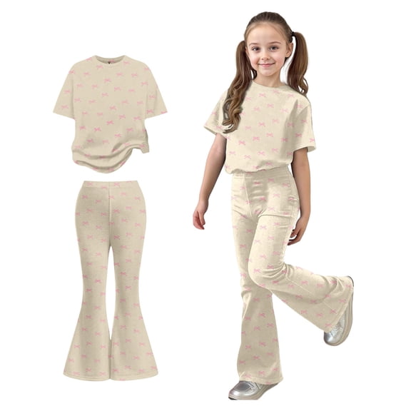 Girls Two Piece Outfits Short Sleeve Bow T-Shirt Top and Flared Pants Set Summer Clothes Girls Size 7-8 Years Clothes