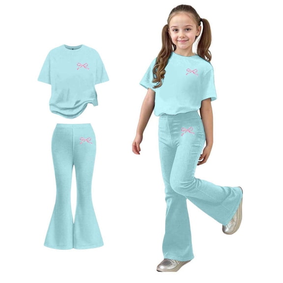 Girls Two Piece Outfits Short Sleeve Bow T-Shirt Top and Flared Pants Set Summer Outfits Back to School Outfits for Teen Girls 7-8 Years