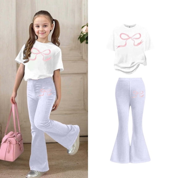 Girls Two Piece Outfits Short Sleeve Bow T-Shirt Top and Flared Pants Sets Spring Clothes Size 5-6 Years Girls Outfits