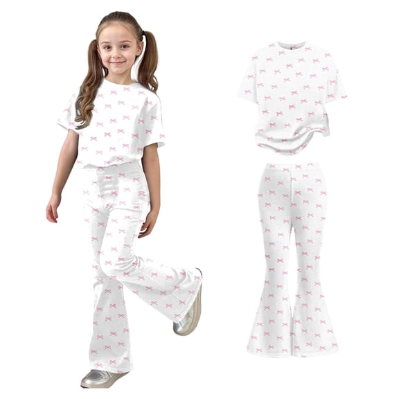 Girls Two Piece Outfits Short Sleeve Bow T-Shirt Top and Flared Pants Sets Summer Clothes Kids Clothes Girls Size 7-8 Years