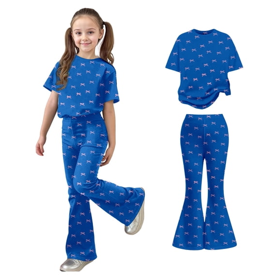 Girls Two Piece Outfits Short Sleeve Bow T-Shirt Top and Flared Pants Sets Summer Outfits Girls 7-8 Years Clothes Trendy