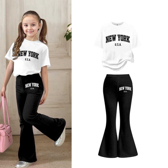 Girls Two Piece Outfits Short Sleeve Letter Print T-Shirt Top and Flared Pants Set Spring Clothes Little Girl Clothes 7-8 Years