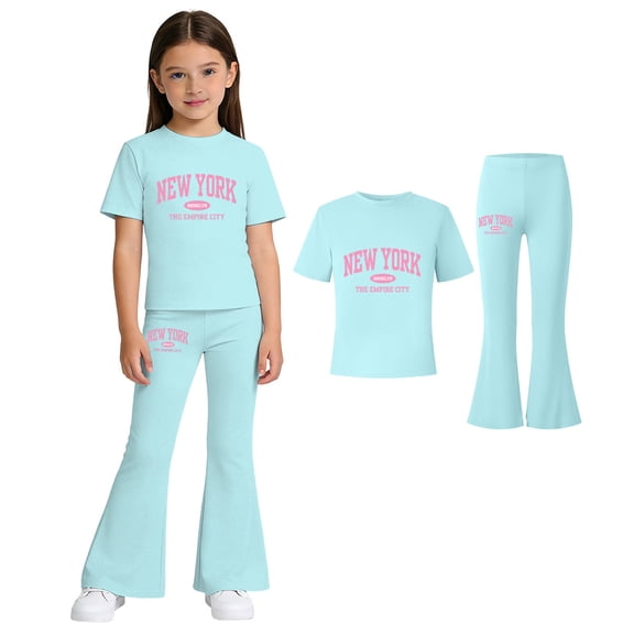 Girls Two Piece Outfits Short Sleeve Letter Print T-Shirt Top and Flared Pants Sets Girls Spring Outfits Cute Girls Clothes 8-9 Years