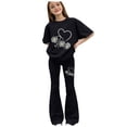 thumbnail image 1 of Girls Two Piece Outfits Summer 2 Piece Teen Girls Summer Outfits Kids Heart Applique Baggy Short Sleeve T-Shirts Flare Pants Trendy Clothes Sets, 1 of 4