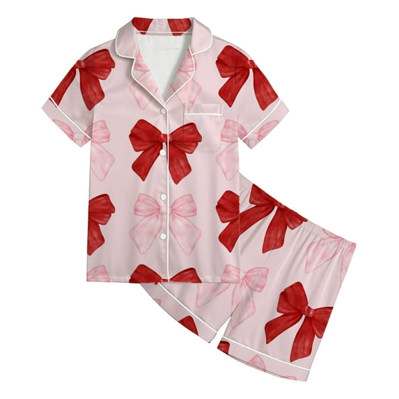 Girls Two Piece Pajama Set Bow Tie Printed Short Sleeve Tops Shorts 2 Pieces Outfits for Kids Soft Sleep Wear