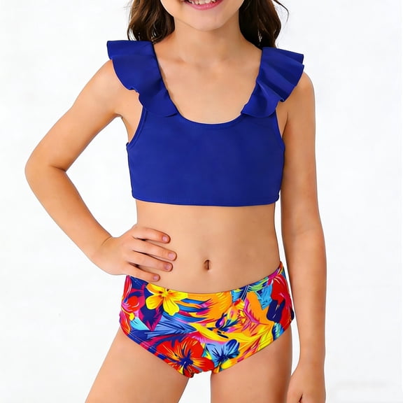 Girls Two Piece Ruffle Swimsuit Kids High Waisted Floral Print Blue Bathing Suit Soft Stretchy Fabric Summer Beach Swimwear for Ages 4-8 Years,Size 4-5T