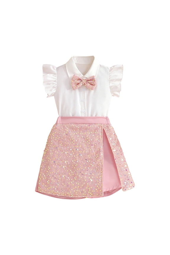 Girls Two-Piece Sequin Sets with Ruffled Sleeve Button-Up Shirt Sequin Shorts Bow Casual Party Outfits Pink 11-12 Years