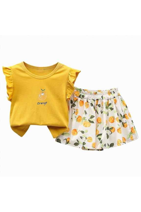 Toddler Baby Girl Clothes Floral Fly Sleeve Tops Shorts Cute Summer Spring Outfits Infant Baby Girl Clothing Set(Yellow,18-24 Months)