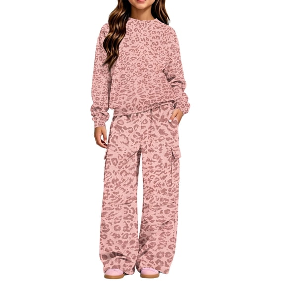 Girls Two Piece Sets 10-12 Leopard Print Crewneck Long Sleeve Sweatshirts and Cargo Sweatpants Casual Girls Tracksuit
