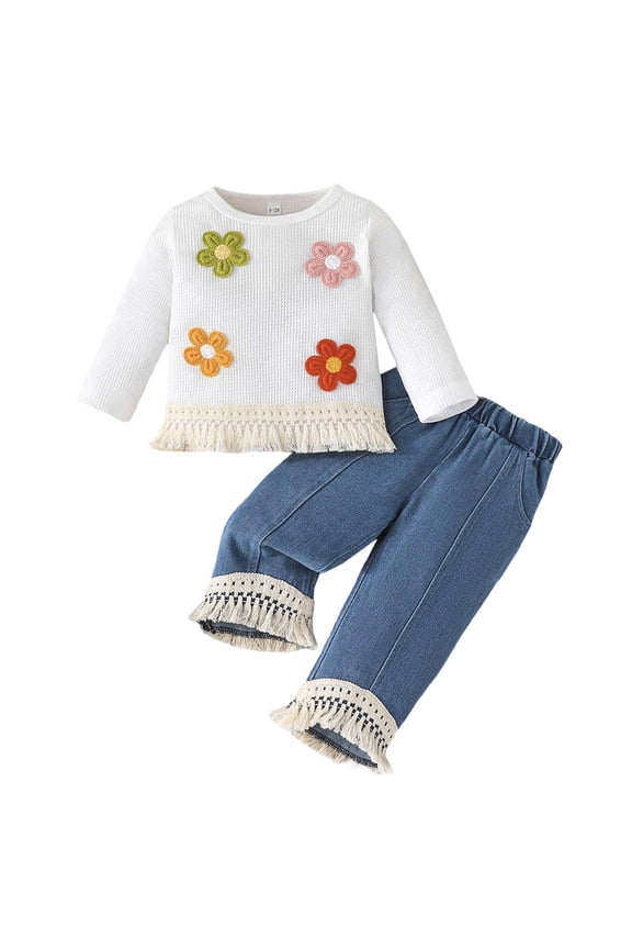 Girls Two Piece Sets Embroidered Long Sleeve Top Denim Fringe Pants Girls Tracksuit,White,3Y