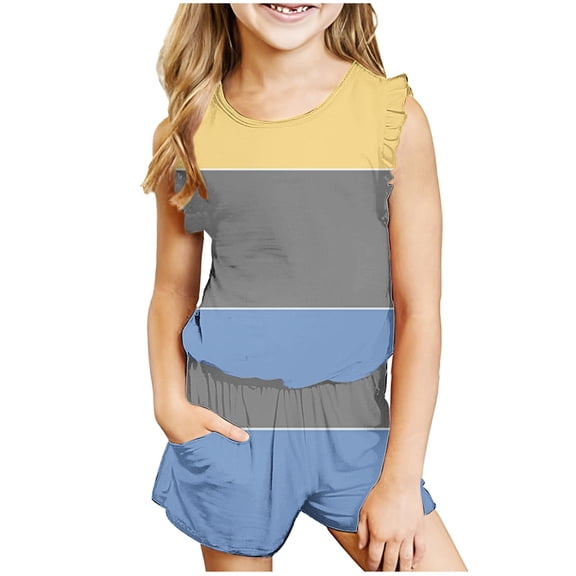 Girls Two Piece Sets Ruffle Sleeveless Tank Tops and Shorts Going-Out Outfits 3-14 Years Toddlers Teens Casual Color-Block Set Summer