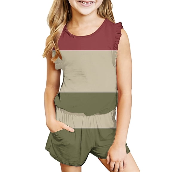 Girls Two Piece Sets Ruffle Sleeveless Tank Tops and Shorts Going-Out Outfits 3-14 Years Toddlers Teens Casual Color-Block Set Summer