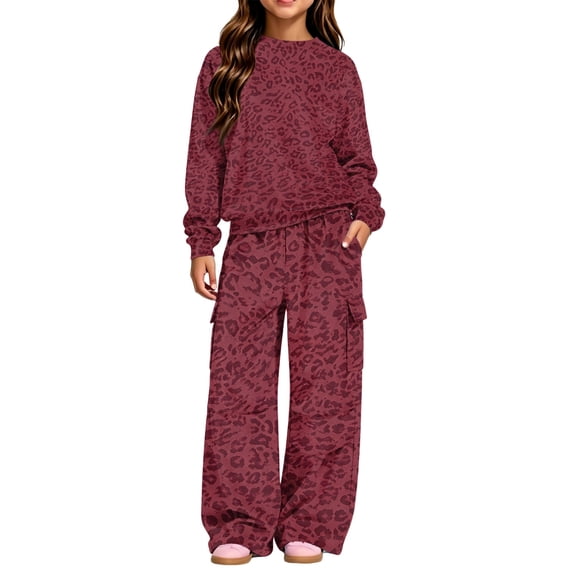 Girls Two Piece Sets Size 7-8 Leopard Print Crewneck Long Sleeve Girls Sweatshirt and Cargo Sweatpant Athletic Tracksuit Kids Girls