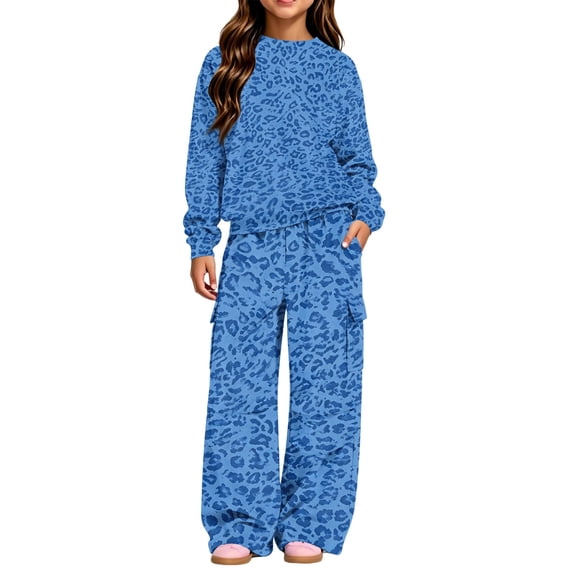 Girls Two Piece Sets Size 7-8 Leopard Print Crewneck Long Sleeve Sweatshirts and Cargo Sports Pants for Girls Athletic Girls Activewear Set