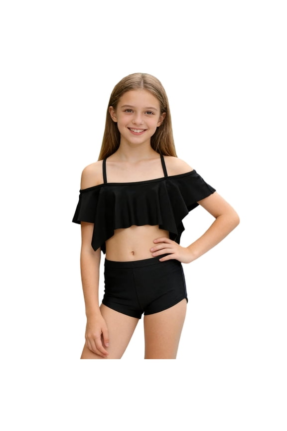 Girls' Two-Piece Solid Color Bikini Swimsuit Set with Snap and Zip Closure for Toddlers