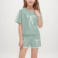 thumbnail image 1 of Girls Two Piece Sweat Sets Bow Printed Cute Short Sleeve Crew Neck T-Shirts Color-Blocking Pants Athletic Set Army Green 5-14 Years, 1 of 8