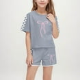 thumbnail image 1 of Girls Two Piece Sweat Sets Bow Printed Cute Short Sleeve Crew Neck T-Shirts Color-Blocking Pants Athletic Set Gray 5-14 Years, 1 of 8