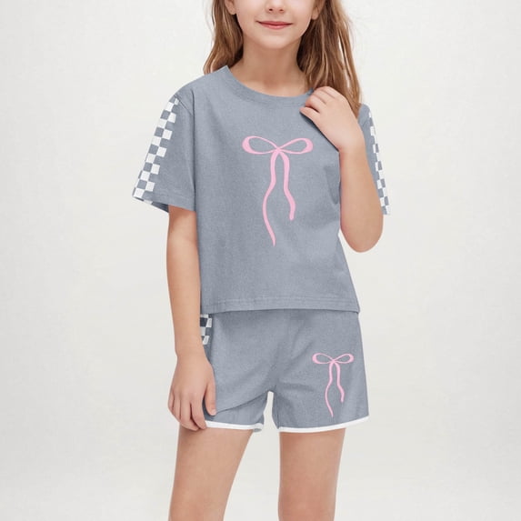 Girls Two Piece Sweat Sets Bow Printed Cute Short Sleeve Crew Neck T-Shirts Color-Blocking Pants Athletic Set Gray 5-14 Years