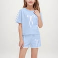 thumbnail image 1 of Girls Two Piece Sweat Sets Bow Printed Cute Short Sleeve Crew Neck T-Shirts Color-Blocking Pants Athletic Set Sky Blue 5-14 Years, 1 of 8