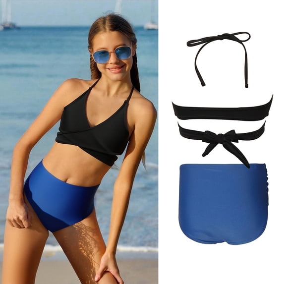 Girls Two Piece Swimsuit Backless Halter Girls Swim Suits with Chest Pad Kids Bathing Suits for Girls 3-4 Years