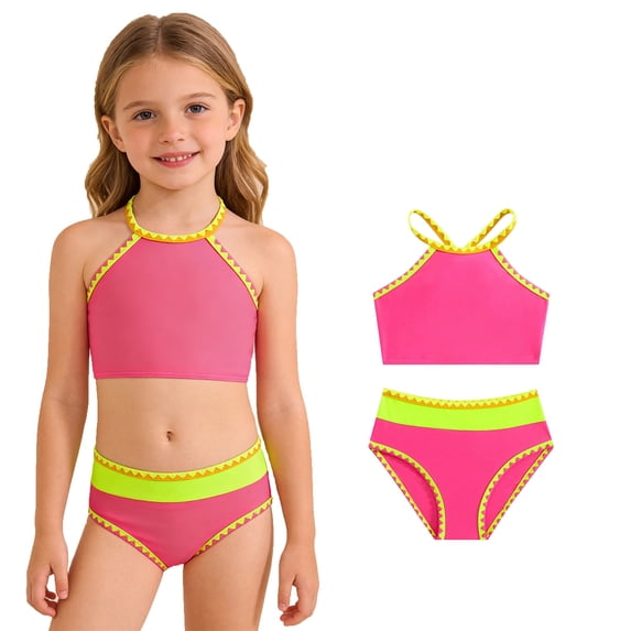 Girls Two Piece Swimsuit Bikini Set Color Block Swimsuits Cute Summer Bathing Suits Girls Bathing Suit Size 5-6 Years