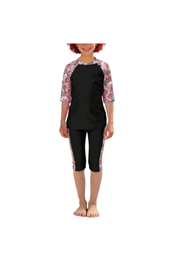 Girls Two Piece Swimsuit Crew Neck Half Sleeve Tops Slimming Capri Pants Print Stretchy Modest Bathing Suit (0-1Years, Black)