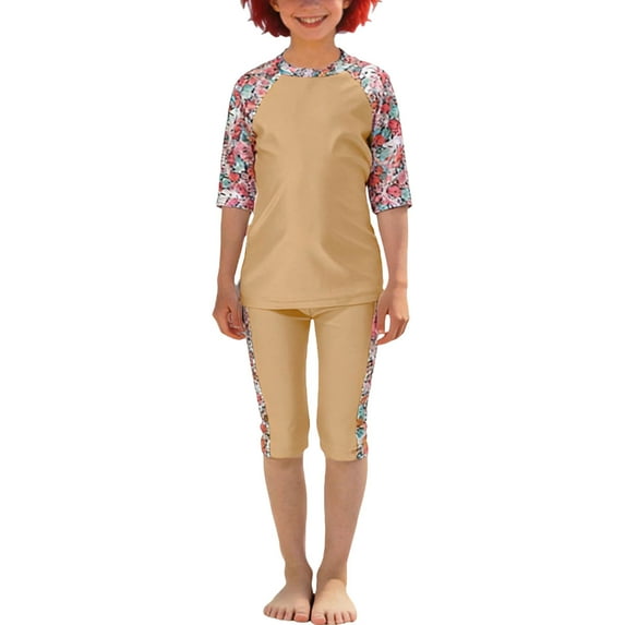 Girls Two Piece Swimsuit Crew Neck Half Sleeve Tops Slimming Capri Pants Print Stretchy Modest Bathing Suit (0-1Years, Khaki)