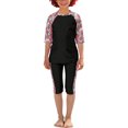 thumbnail image 1 of Girls Two Piece Swimsuit Crew Neck Half Sleeve Tops Slimming Capri Pants Print Stretchy Modest Bathing Suit (12-13Years, Black), 1 of 6