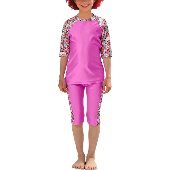 Girls Two Piece Swimsuit Crew Neck Half Sleeve Tops Slimming Capri Pants Print Stretchy Modest Bathing Suit (12-13Years, Hot Pink)