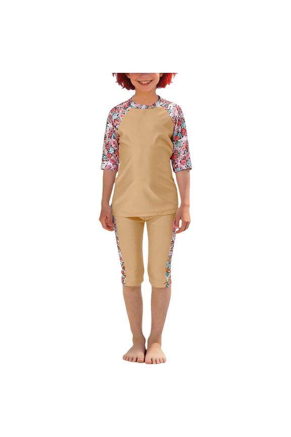 Girls Two Piece Swimsuit Crew Neck Half Sleeve Tops Slimming Capri Pants Print Stretchy Modest Bathing Suit (12-13Years, Khaki)