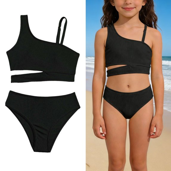 Girls Two Piece Swimsuit Cutout Girls Bikini with Chest Pad Kids Bathing Suits 8-9 Years