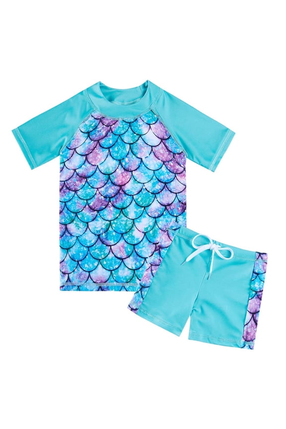 Girls Rash Guard Swimsuit Set Short Sleeve UPF 50+ 2 Pieces Bathing Suit 6-7 Years