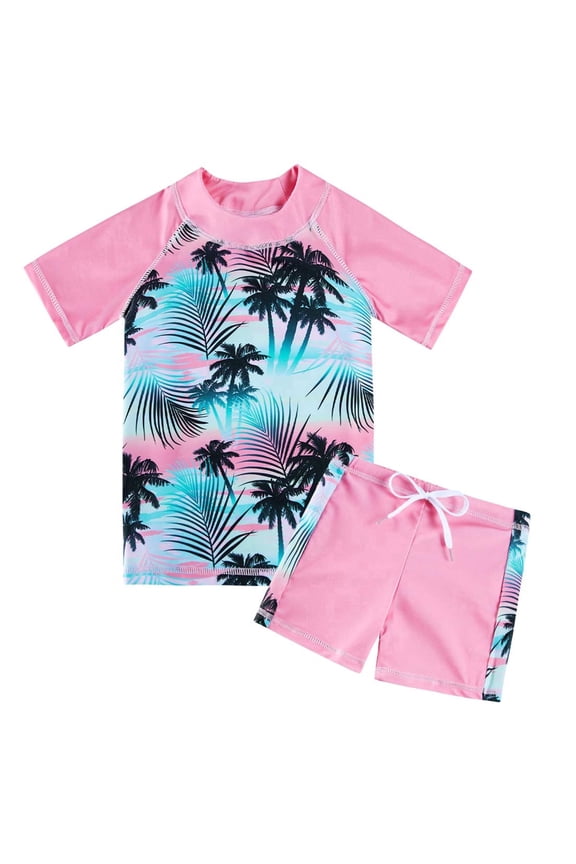 Girls Rash Guard Swimsuit Set Short Sleeve UPF 50+ 2 Pieces Bathing Suit 6-7 Years