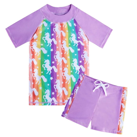 Lanbubble Girls Rash Guard Swimsuit Set Short Sleeve UPF 50+ 2 Pieces Bathing Suit 5-6 Years