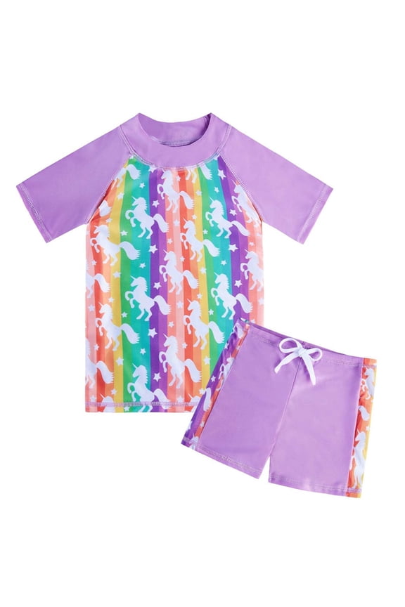 Girls Rash Guard Swimsuit Set Short Sleeve UPF 50+ 2 Pieces Bathing Suit 5-6 Years