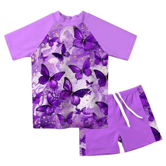 Lanbubble Girls Rash Guard Swimsuit Set Short Sleeve UPF 50+ 2 Pieces Bathing Suit 5-6 Years