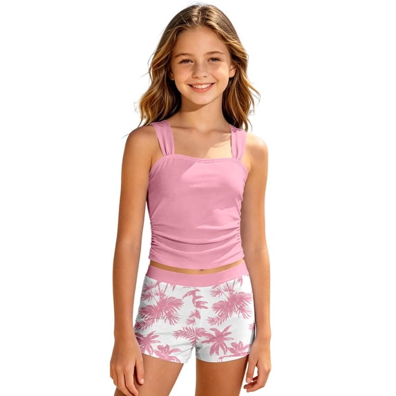 Girls Two Piece Swimsuit Kids Summer Casual Printed Bathing Suit Cute Tankini Set High Waisted Beachwear Rash Guard Swimwear Holiday Bikini Outfits for Girls 9-15 Years