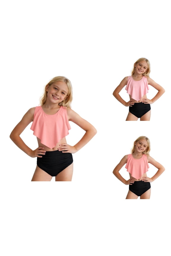 Girls Two Piece Swimsuit Solid Color Tankini Bikini with Adjustable Straps and Cut-Out Details for Kids and Youth Ages 9–16 Years, Summer Beach and Pool Swimwear